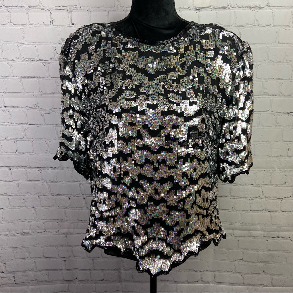 Vintage Laurence Kazar Black Sequin Short Sleeve Top